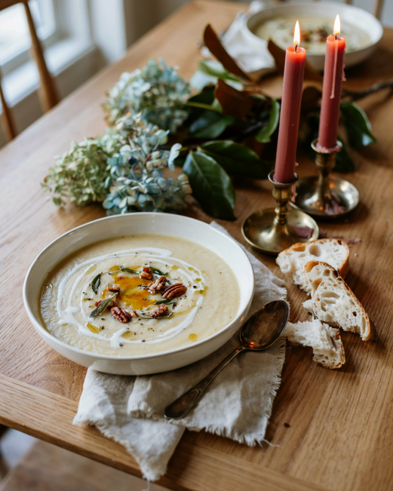 Creamy Roasted Butternut Squash Soup with Brown Butter and Crispy Sage